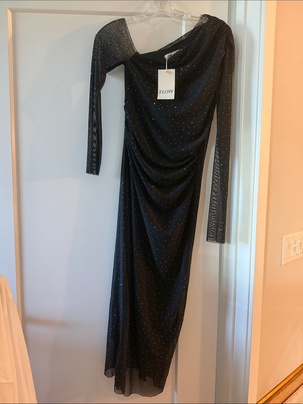 Flow One Shoulder Mesh All Over Shimmer Dots Crystals Long Sleeve Dress Size S